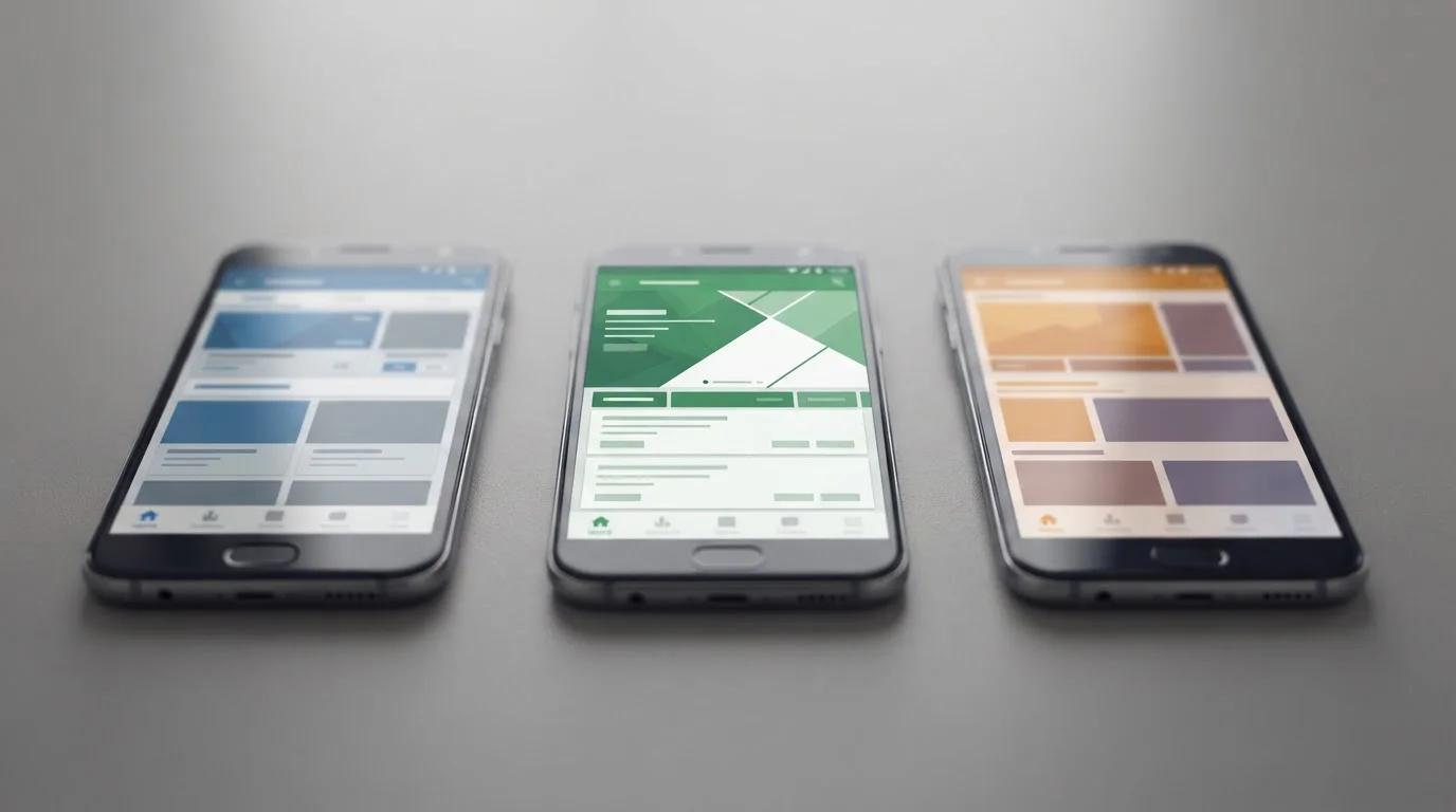 Mehrere Android-Smartphones nebeneinander mit verschiedenen Wett-App-Oberflächen