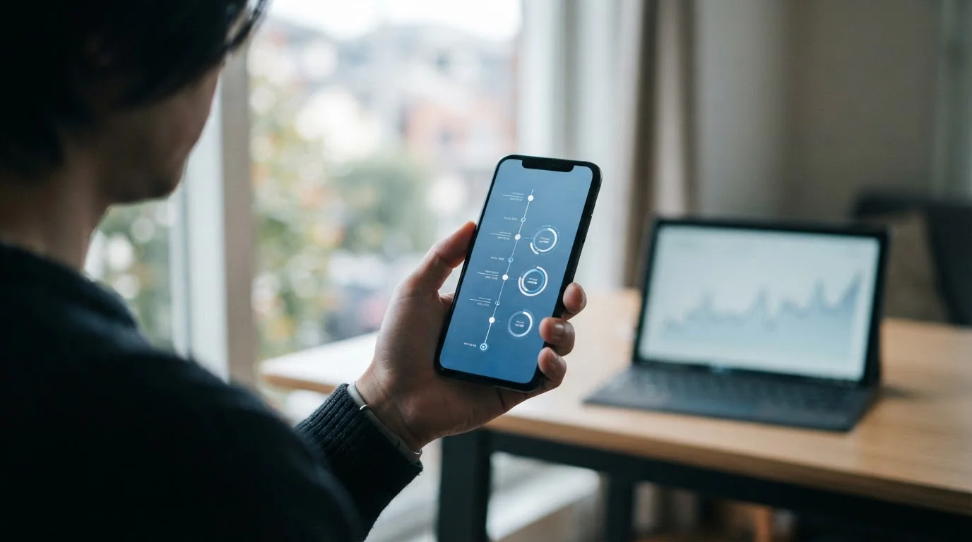 Smartphone zeigt abstrakten Transaktionsverlauf mit Zeitangaben