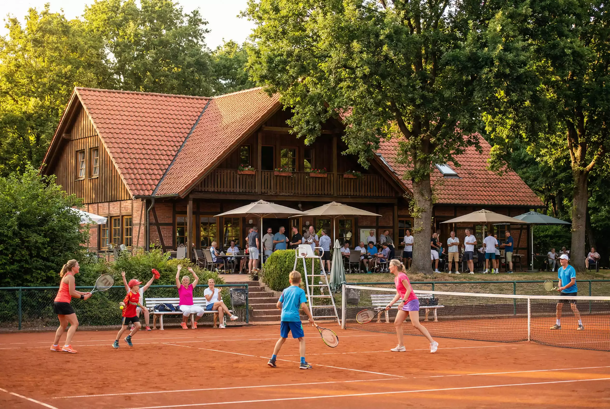 Deutscher Tennisverein mit Mitgliedern verschiedener Altersgruppen auf einem Sandplatz