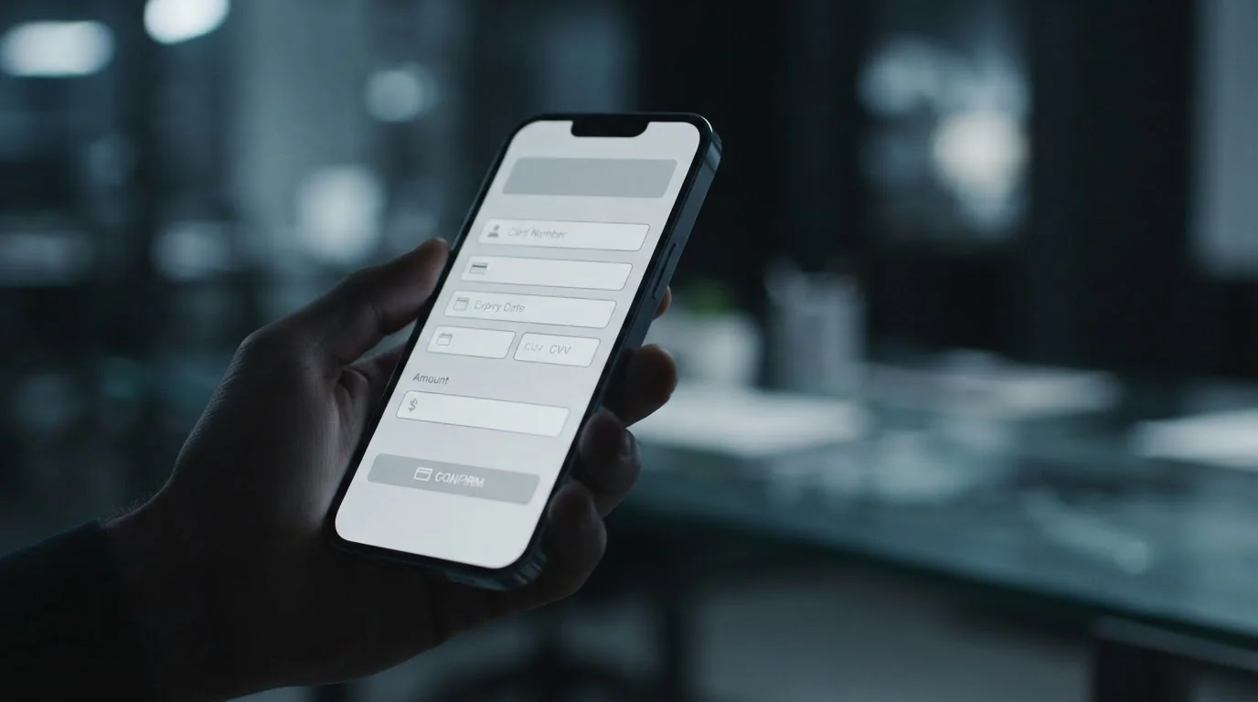 Neutraler Zahlungsvorgang auf Smartphone-Bildschirm mit abstrakten Formularfeldern