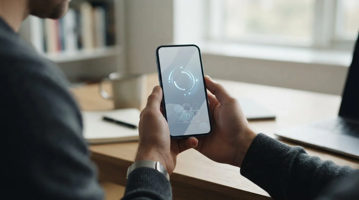 Smartphone zeigt abstrakten Zahlungsvorgang mit Sicherheitsabfrage