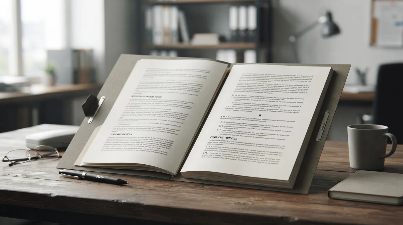 Aufgeschlagenes Dokument mit Paragraphenzeichen symbolisiert rechtliche Rahmenbedingungen