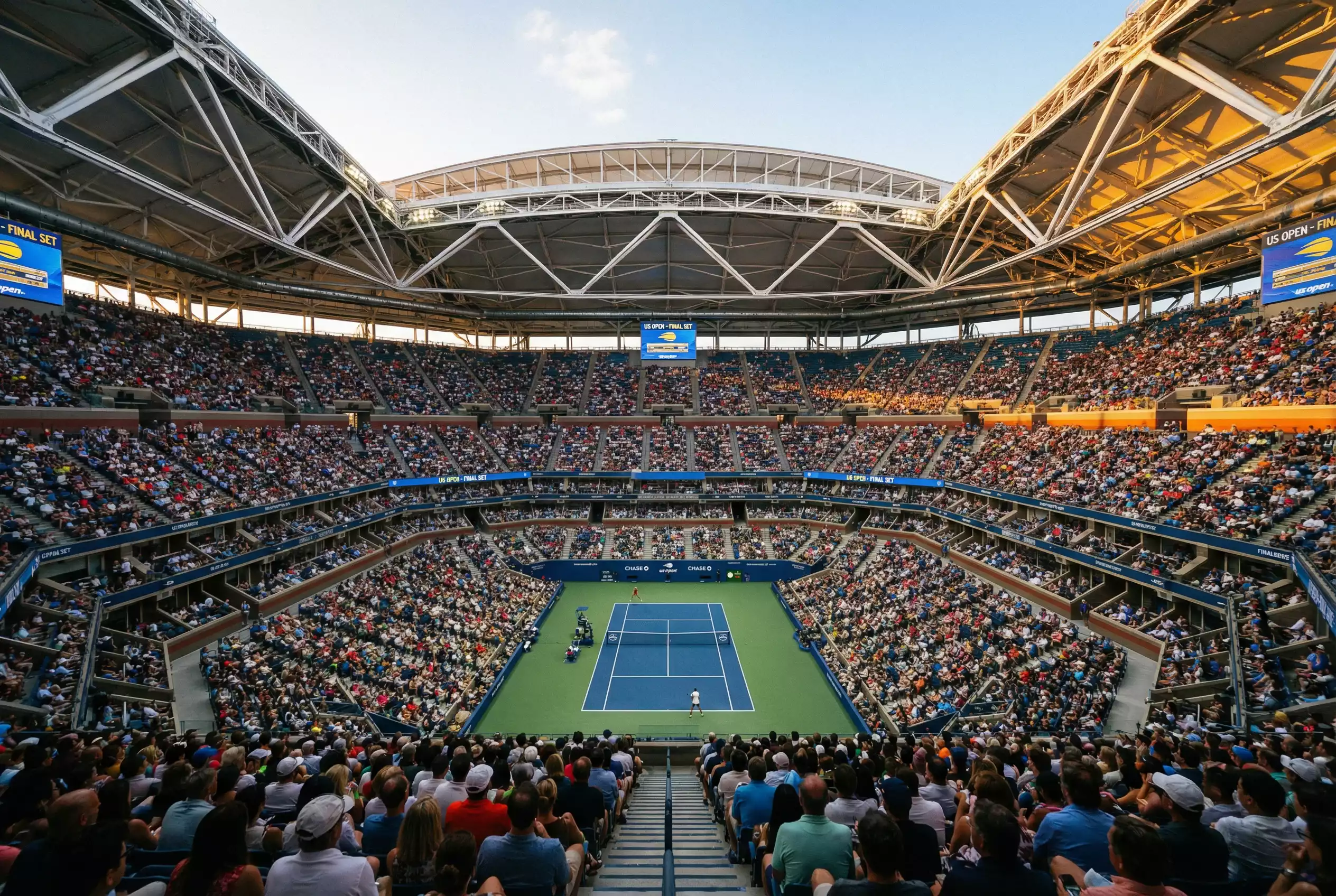 Blick auf ein gefülltes Grand-Slam-Tennisstadion bei einem wichtigen Turnier
