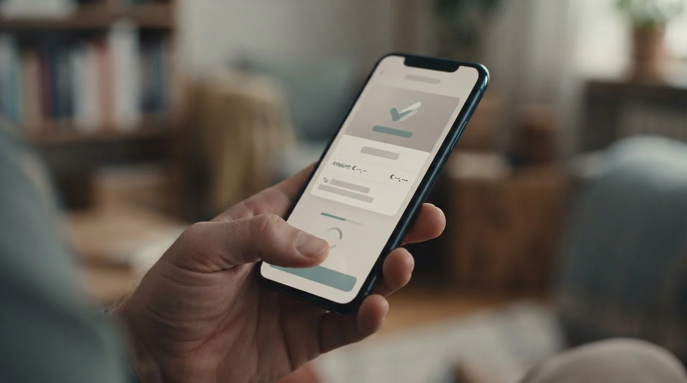 Smartphone zeigt Klarna-Zahlungsbestätigung mit abstrakten Betragsfeldern