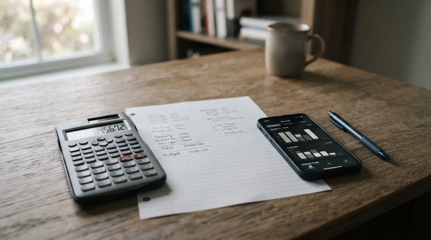 Taschenrechner und Notizen auf Schreibtisch symbolisieren Budgetplanung und Kostenkontrolle