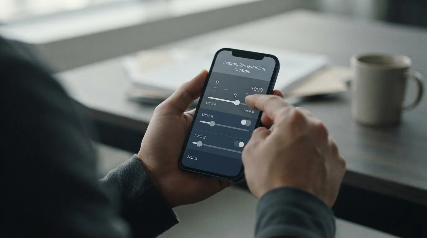 Hand setzt Limit in neutraler Wett-App, ernste Darstellung verantwortungsvollen Spielens