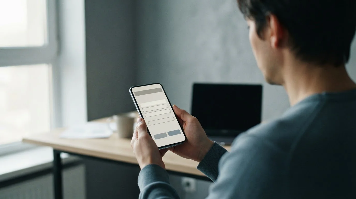 Smartphone mit abstrakter Payment-Schnittstelle neben Person, die Eingaben macht