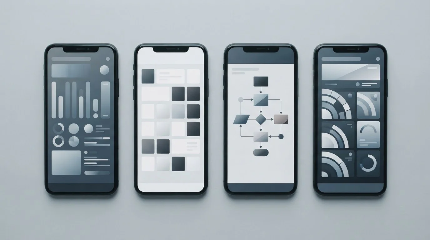 Mehrere Smartphones nebeneinander mit unterschiedlichen neutralen App-Oberflächen
