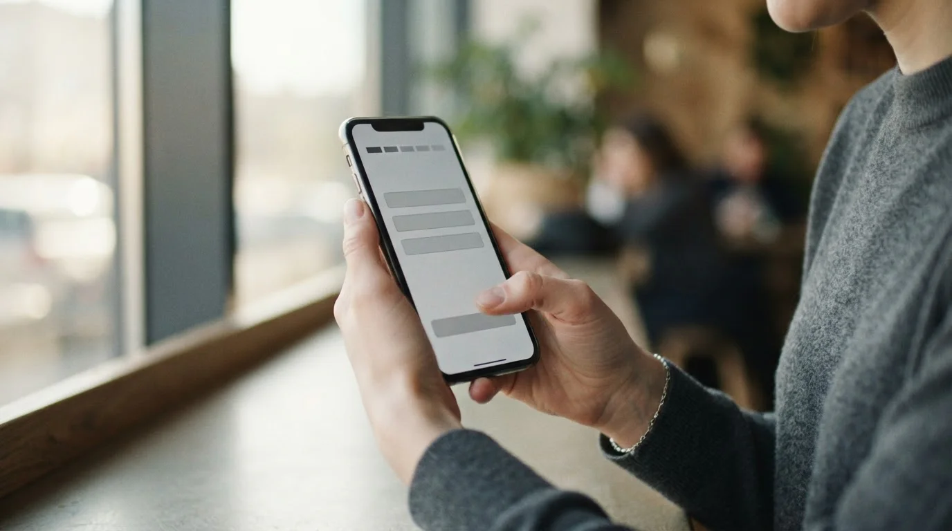 Hände tippen auf Smartphone bei Zahlungstransaktion mit abstraktem Interface