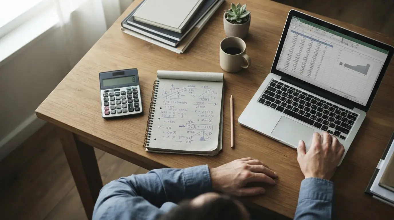 Taschenrechner und Notizen mit Quotenberechnungen auf einem Schreibtisch