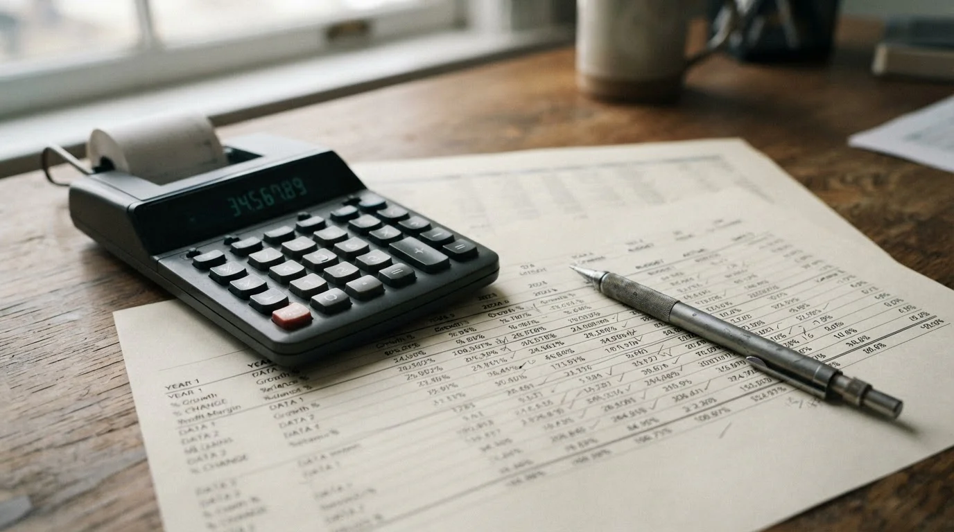 Taschenrechner und Stift auf Tabelle mit Prozentangaben