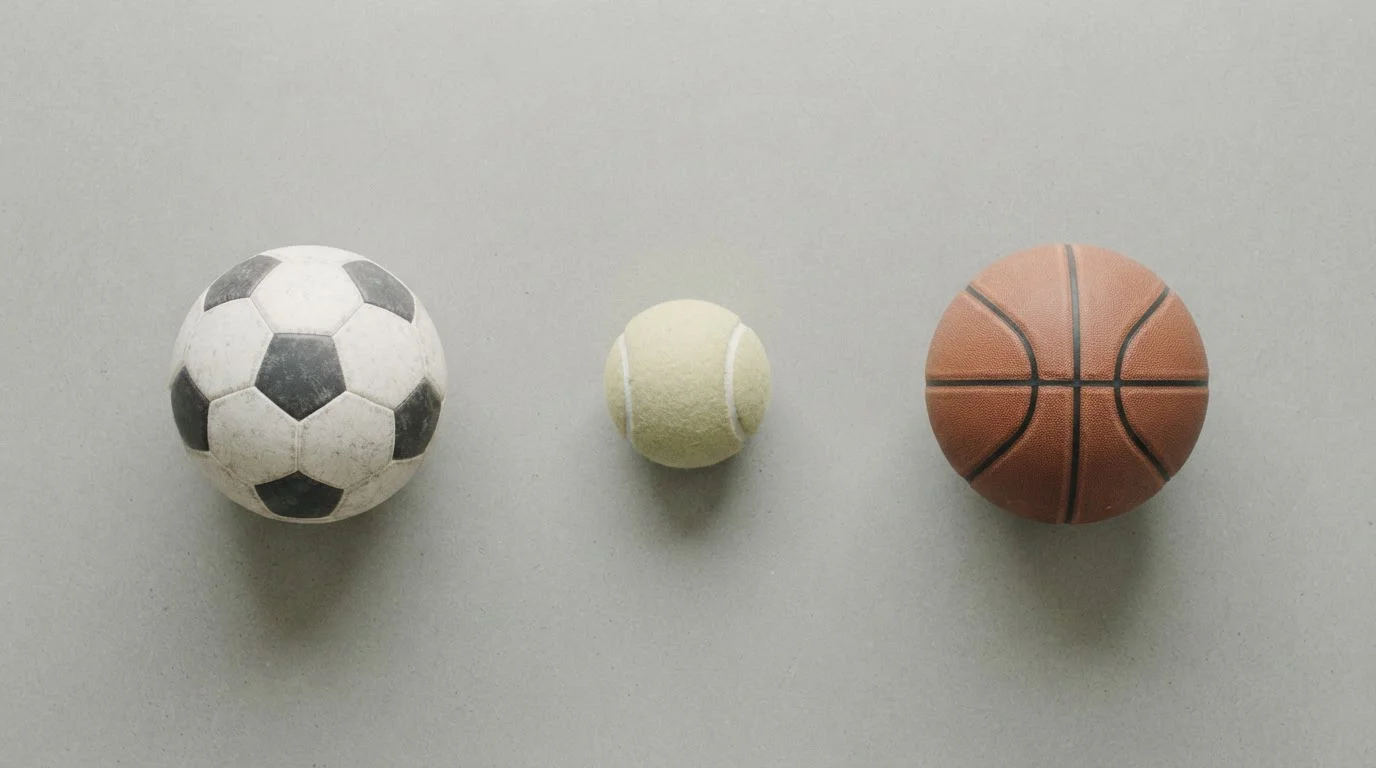 Verschiedene Sportgeräte auf neutralem Hintergrund symbolisieren Quotenunterschiede nach Sportart