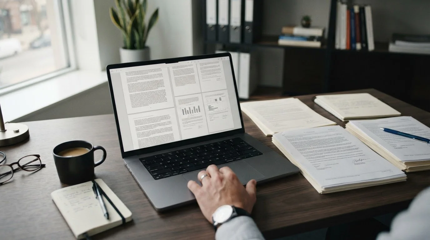 Offizielle Dokumente und Laptop mit regulatorischen Informationen