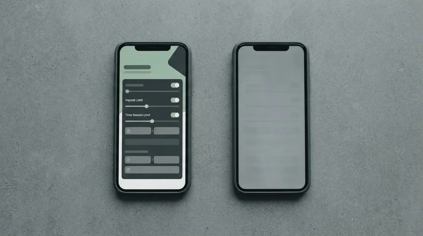 Zwei Smartphone-Bildschirme nebeneinander zeigen Kontrast zwischen reguliertem Interface mit Schutzmaßnahmen und leerem Offshore-Angebot