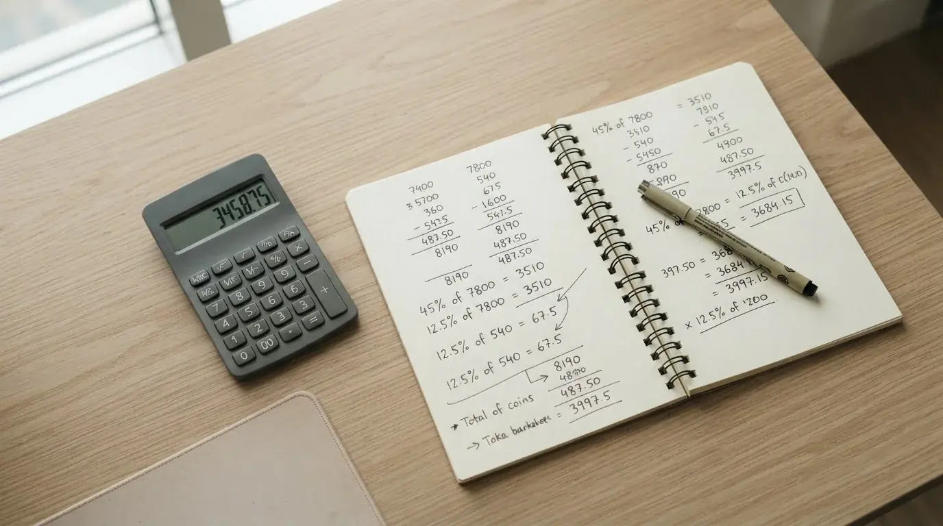 Taschenrechner und Notizen zeigen Berechnung der tatsächlichen Bonus-Bedingungen
