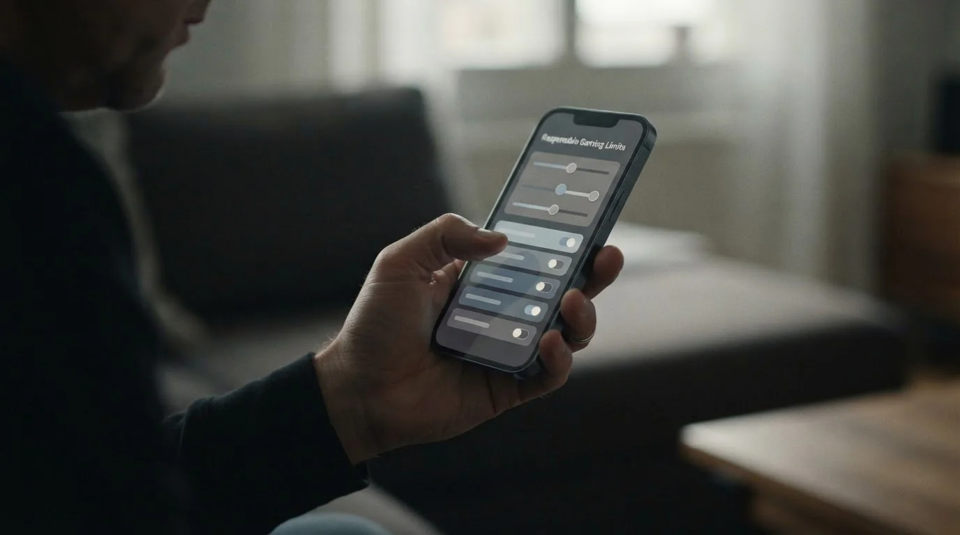 Smartphone zeigt Einstellungen für Einzahlungslimits und Spielerschutz-Optionen