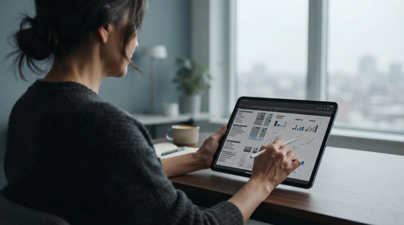 Person analysiert Vergleichstabelle mit mehreren Anbietern auf Tablet, Ansicht von hinten über die Schulter