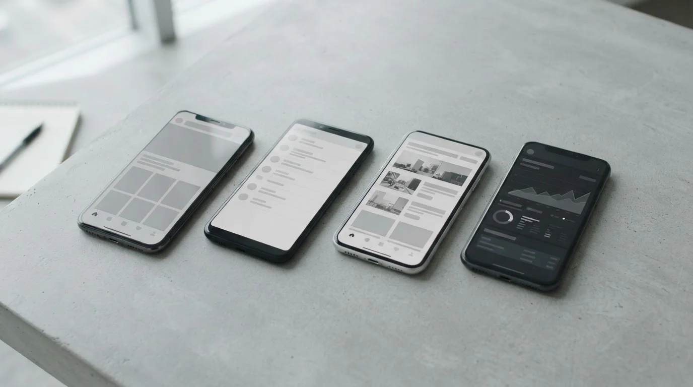 Mehrere Smartphones nebeneinander mit neutralen App-Oberflächen im Vergleichstest