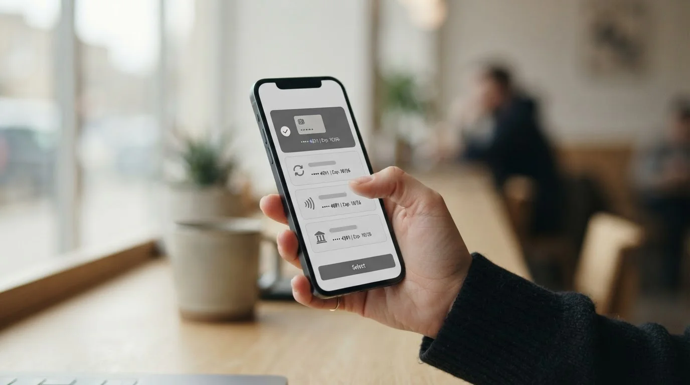 Smartphone mit verschiedenen digitalen Zahlungsoptionen auf neutraler Benutzeroberfläche