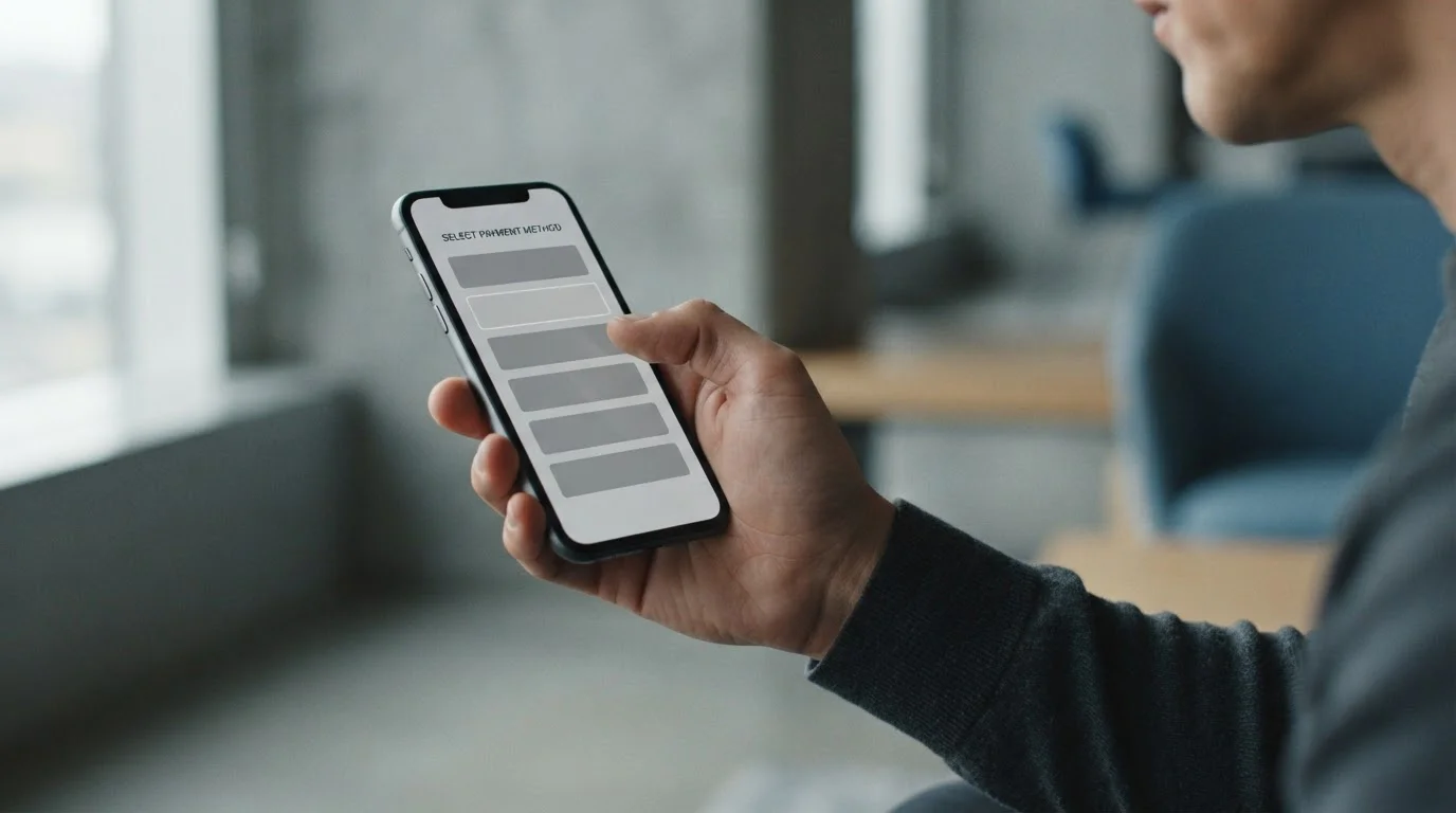 Smartphone zeigt verschiedene Zahlungsoptionen zur Auswahl